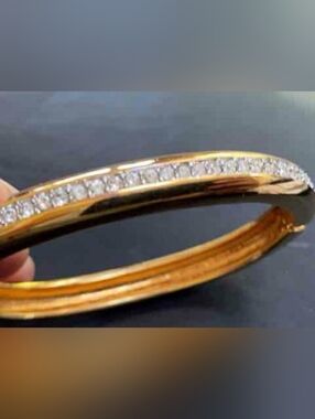 Swarovski Vintage Gold Crystal-Row Bangle Bracelet Signed with Swan Logo